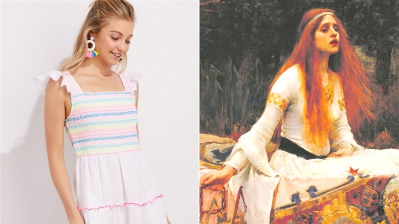 Model in white dress, woman in historic painting