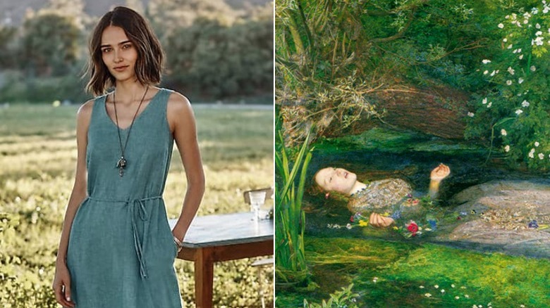 Model wearing green dress, historic Ophelia painting