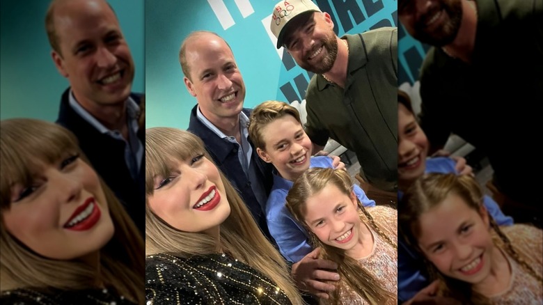 Prince William and his kids smiling next to Taylor Swift and Travis Kelce.