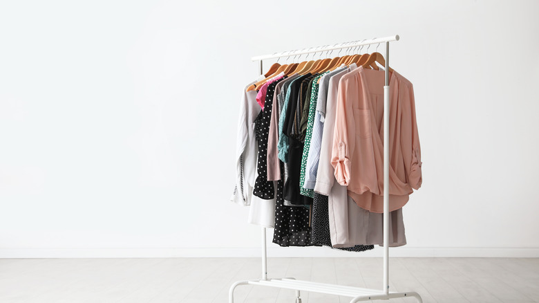 Stylish clothing on hangers with a white background 