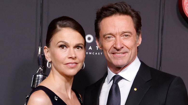 Sutton Foster and Hugh Jackman at the December 2025 NYC premiere of 