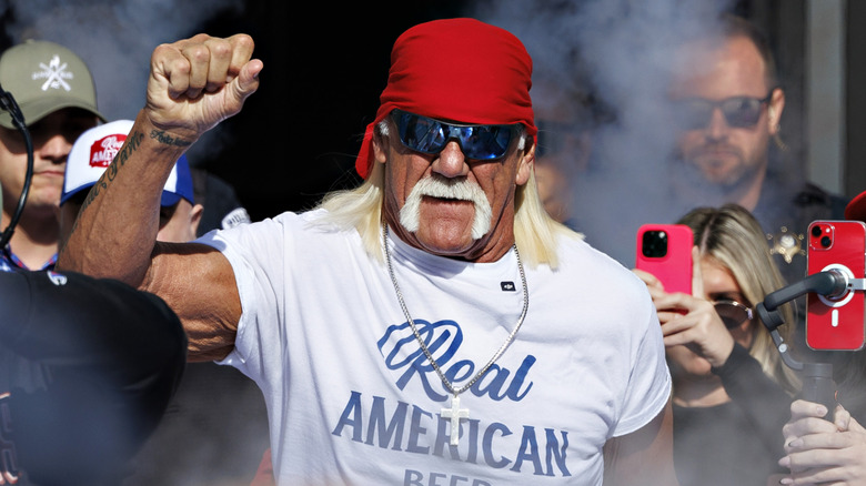 Hulk Hogan is introduced during the Texas Longhorns versus the Arkansas Razorbacks at Donald W. Reynolds Razorback Stadium on November 16, 2024 in Fayetteville, Arkansas.