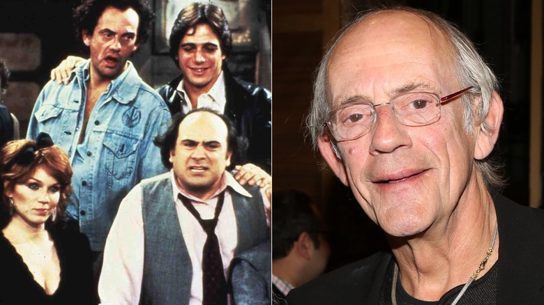 Christopher Lloyd, Tony Danza, Marilu Henner, and Danny DeVito in 'Taxi' next to a recent portrait of Christopher Lloyd