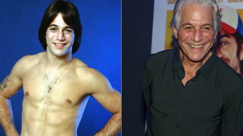 Side by side images of Tony Danza smiling while shirtless next to Tony Danza smiling recently