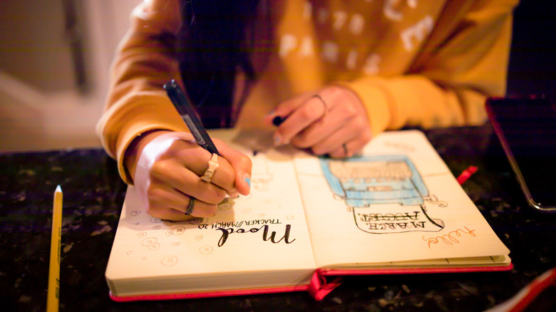 Writing and drawing in a journal