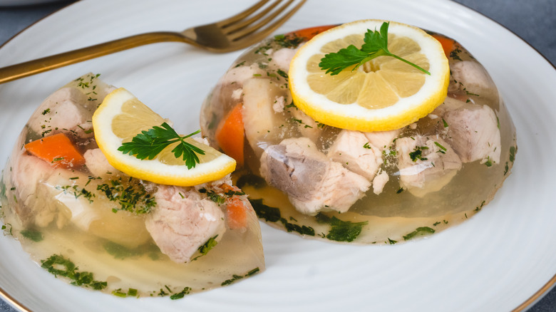 Fish in aspic with lemon slice