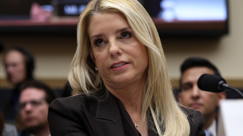 Pam Bondi appears at a hearing, with other people in the background