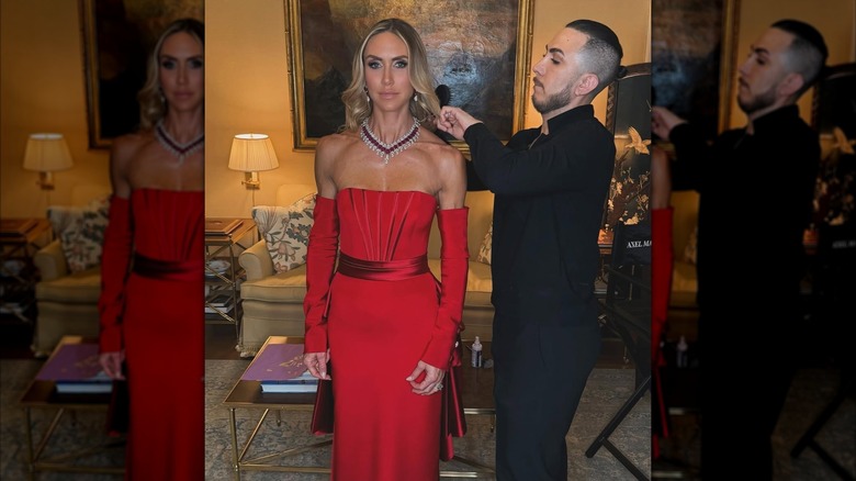 Lara Trump pictured getting ready for an event, with a man stood next to her fixing her outfit