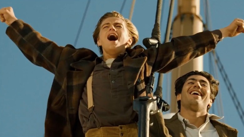 Leonardo DiCaprio's Jack shouting with his arms aloft in 1997's "Titanic"
