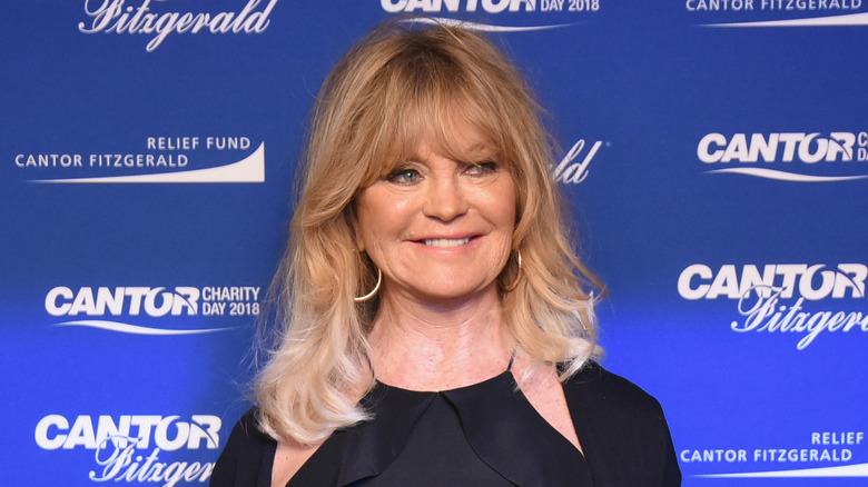 Goldie Hawn looking away from camera and smiling, wearing a black top and sweater