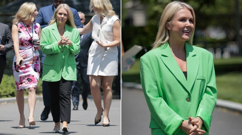 Split image of Karoline Leavitt in an ill-fitting, neon green blazer and black pants & a close-up of Leavitt in the blazer (2025)