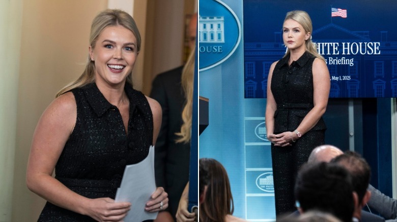 Karoline Leavitt looking on while Stephen Miller talks at the White House Press Briefing Room podium (2025)