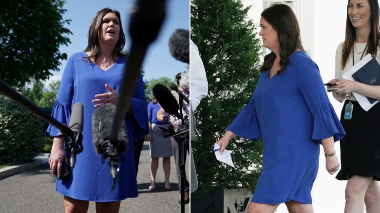 Split image of two angles of Sarah Huckabee Sanders wearing a cobalt blue dress (2019)