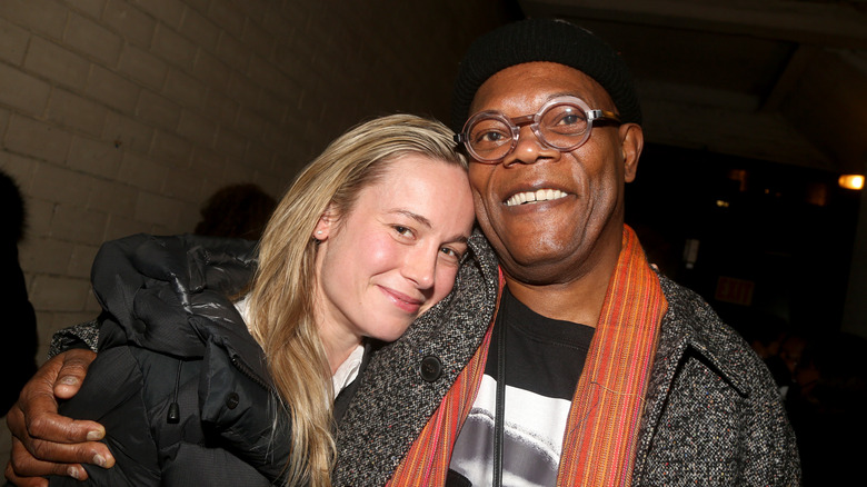 Brie Larson and Samuel L. Jackson hugging