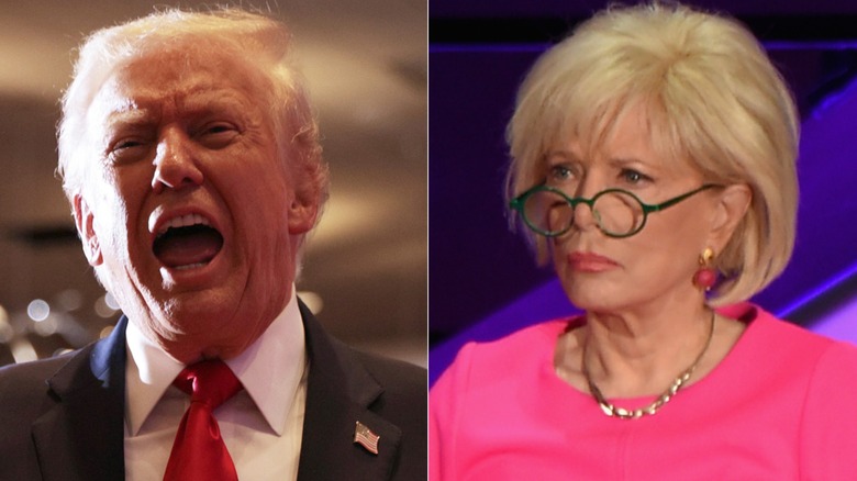 Split image of Lesly Stahl staring at a shouting Donald Trump