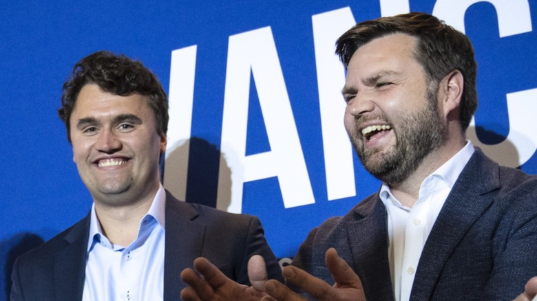 Charlie Kirk and JD Vance greet supporters at a campaign rally in Cuyahoga Falls, OH (2022)