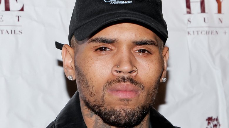 Chris Brown looks grumpy