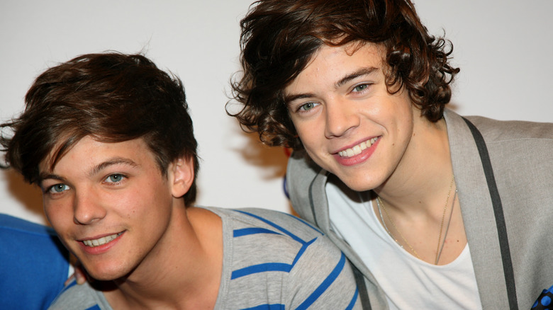 A close-up of Louis Tomlinson and Harry Styles posing for a picture together