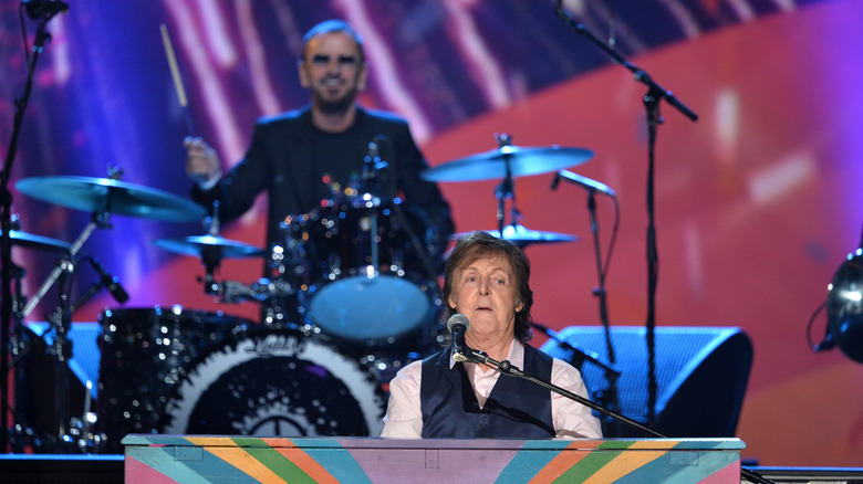 Ringo Starr drums for Paul McCartney on stage