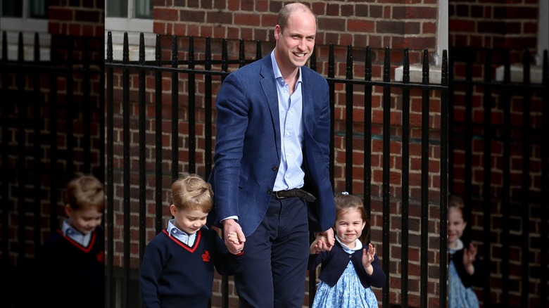Prince William arrives with Prince George and Princess Charlotte at the Lindo Wing after Princess Catherine gave birth to their son at St Mary's Hospital (2018)