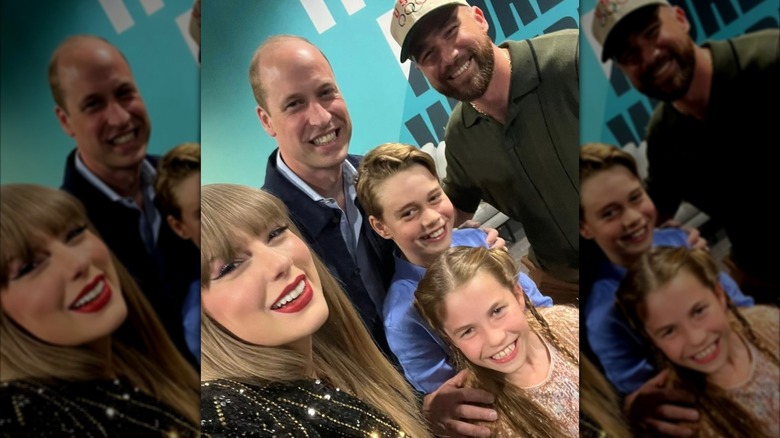 Prince William, Princess Charlotte and Prince George with Taylor Swift and Travis Kelce backstage