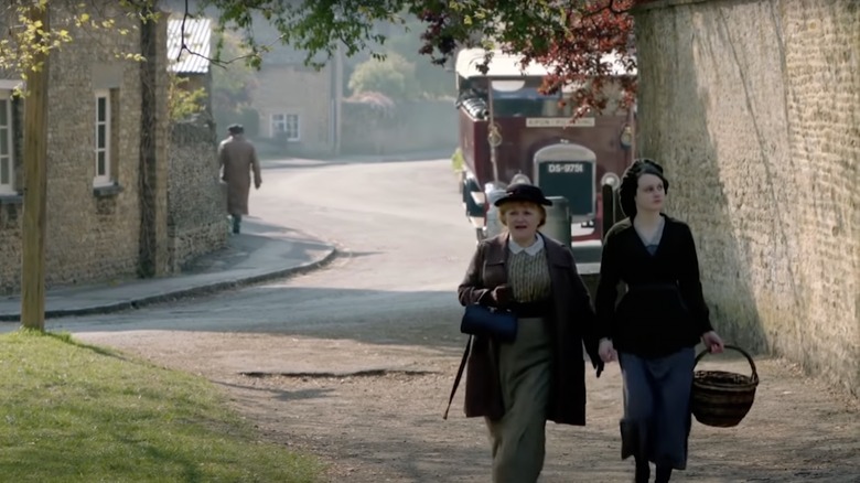 Lesley Nicol as Mrs. Beryl Patmore and Sophie McShera as Daisy Mason filming Downton Abbey in Bampton