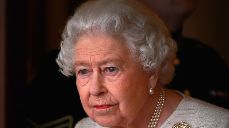 Queen Elizabeth against a shadow background