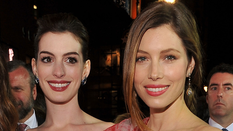 Anne Hathaway and Jessica Biel at a premiere for "Valentine's Day"