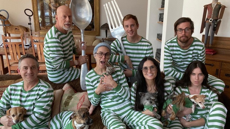 The blended families of Demi Moore and Bruce Willis quarantining together in 2020 in matching striped green PJs