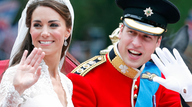 Prince William and Kate Middleton smiling on their wedding day