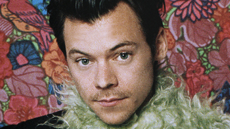 Harry Styles wearing a feather boa in front of a flower wall