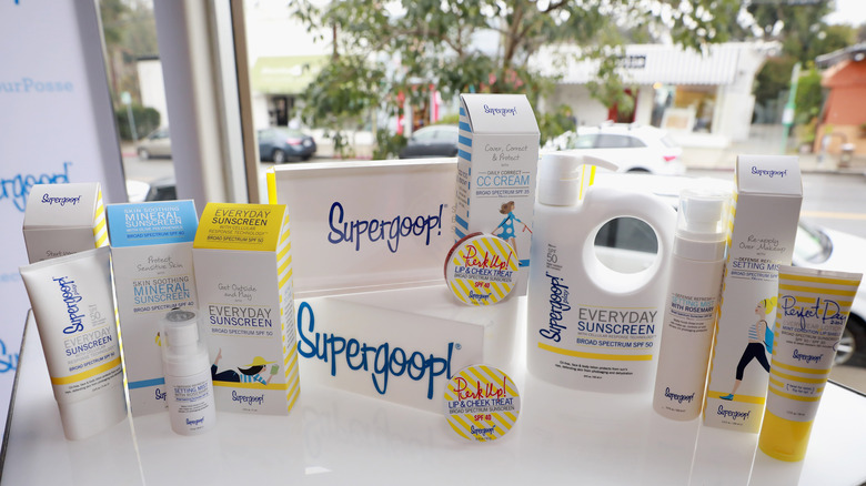 A table with Supergoop products on display in California 
