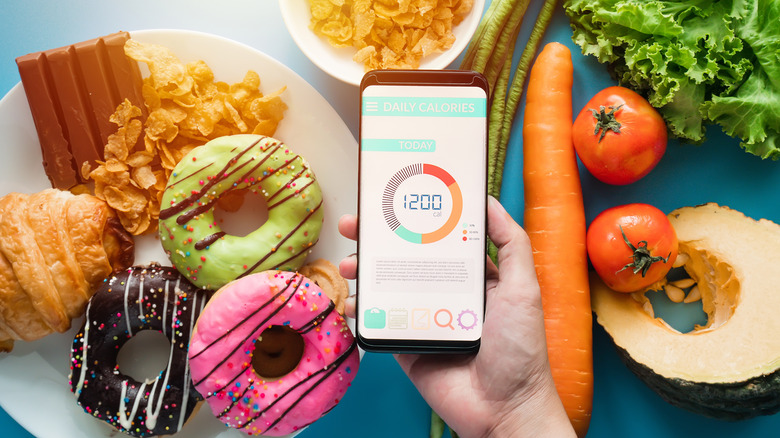 Calorie counter app with vegetables and donuts