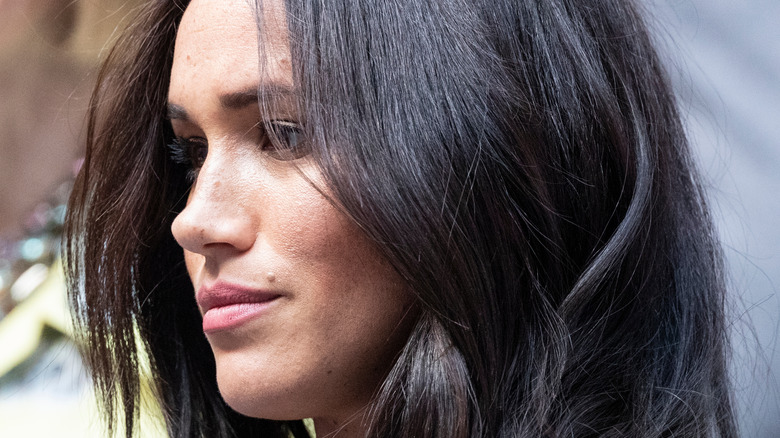 Meghan Markle looking on, side profile