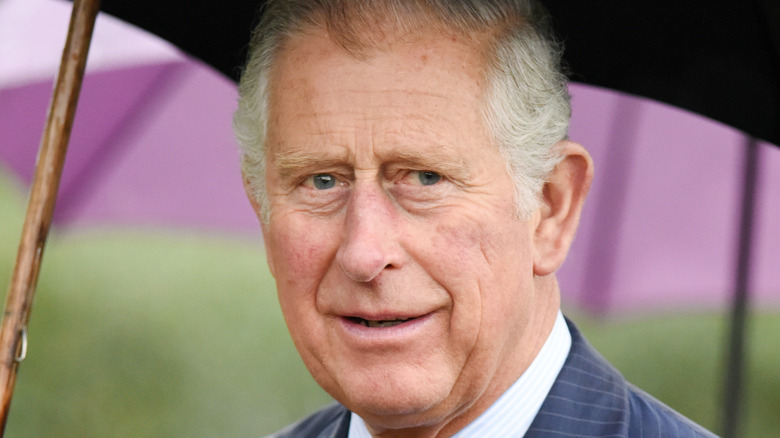 Prince Charles holds an umbrella on a rainy day. 