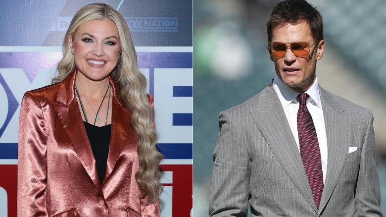 Erika Kirk smiling and Tom Brady walking