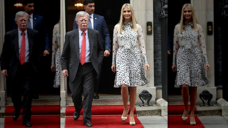 Ivanka Trump wearing a polka-dot dress and leaving 10 Downing street with John Bolton