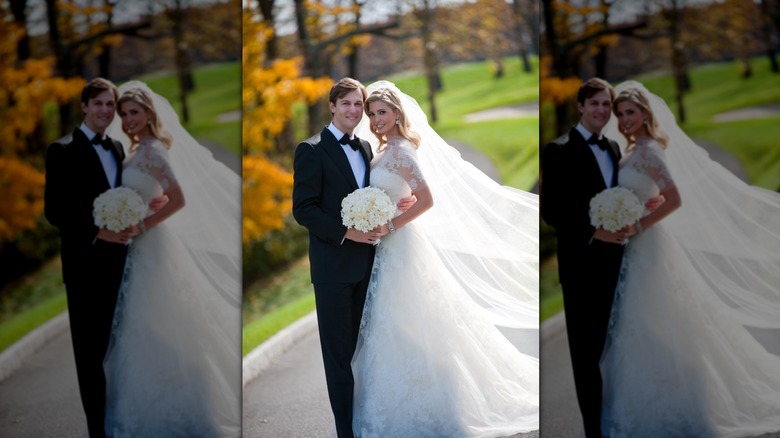 Jared Kushner and Ivanka Trump posing on their wedding day