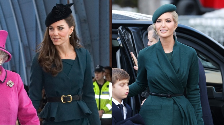 Kate Middleton arrives at St Pancras station, before boarding a train to visit the city of Leicester, on March 8, 2012 in London, England (2012); Ivanka Trump arrives with her family for services at St. John's Church on January 20, 2025 in Washington, DC (2025)