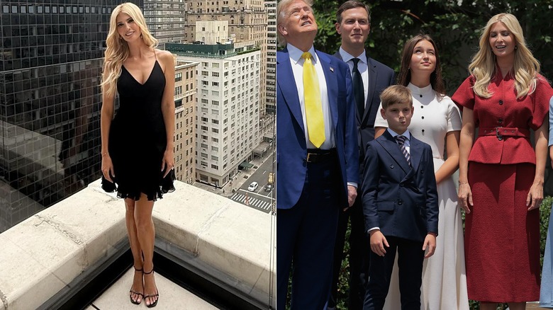 Ivanka Trump in short, flirty black cocktail dress on the corner of a New York roof top next to her in a red two-piece suit standing with Donald, Jared, and kids outside