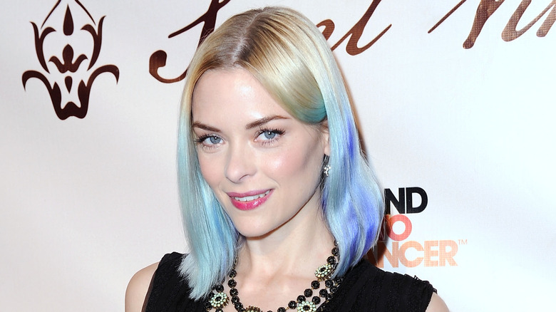 Jaime King on the red carpet with blue hair