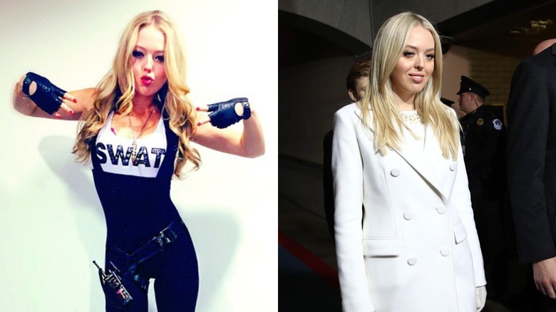 Split image of Tiffany Trump in a SWAT costume and her looking pver her shoulder in front of a crowd in a blue coat.