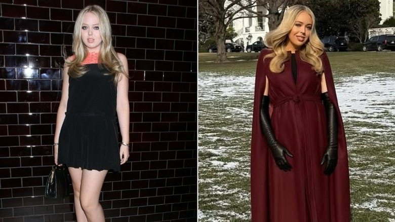 Split image of Tiffany Trump in a black minidress with a coral-colored panel on the neck and wearing a wine-colored dress with cape sleeves at the White House