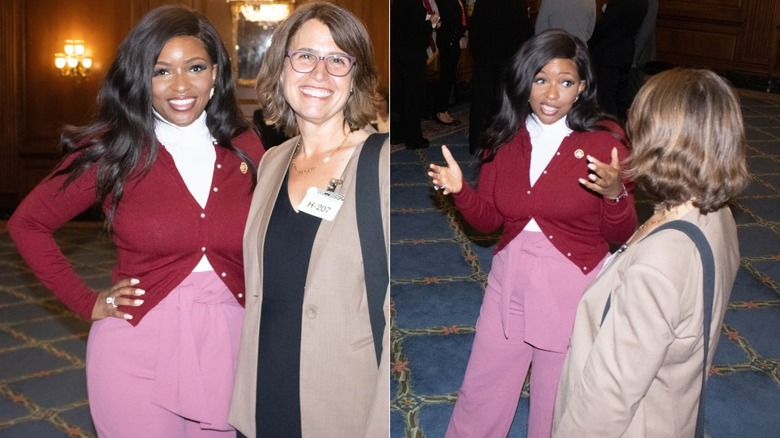 Jasmine Crockett smiling with hand on hip beside Laura Mate.