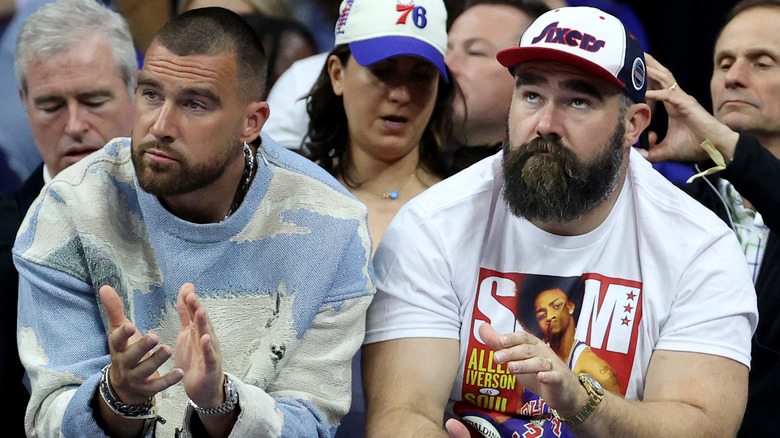 Jason Kelce and Travis Kelce after Super Bowl LVII