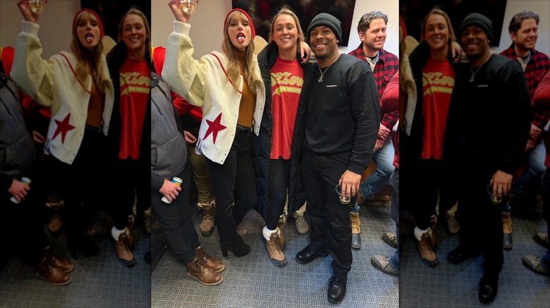 Taylor Swift and Kylie Kelce in a NFL box with Aric Jones
