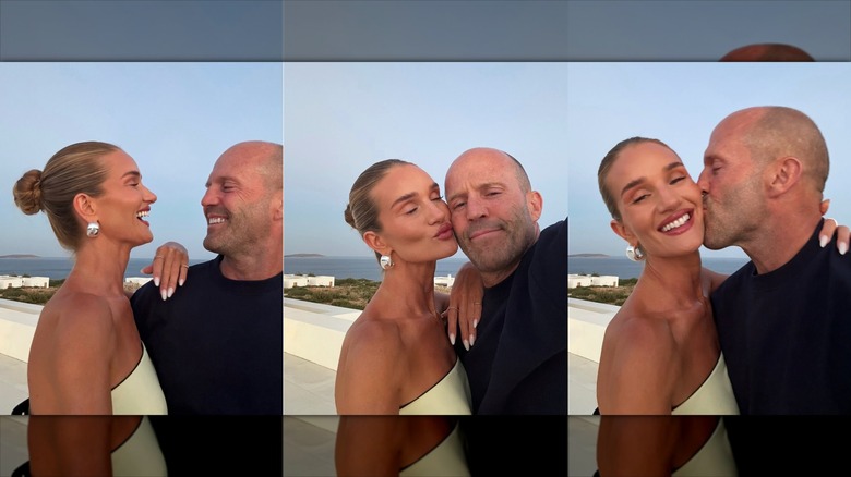 Three selfies of Rosie Huntington-Whiteley and Jason Statham, laughing together, she kissing him, he kissing her