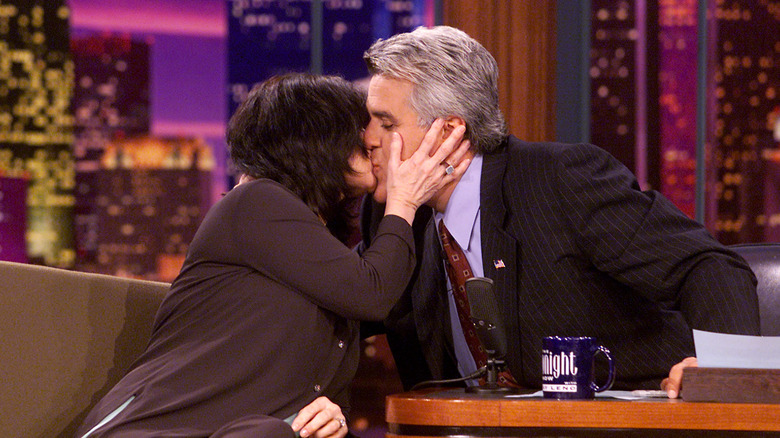 Jay and Mavis Leno share an on-air kiss on the Tonight Show set