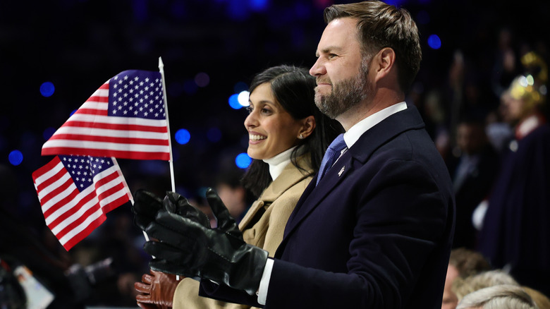 JD and Usha Vance holding American flags 2026 Winter Olympics