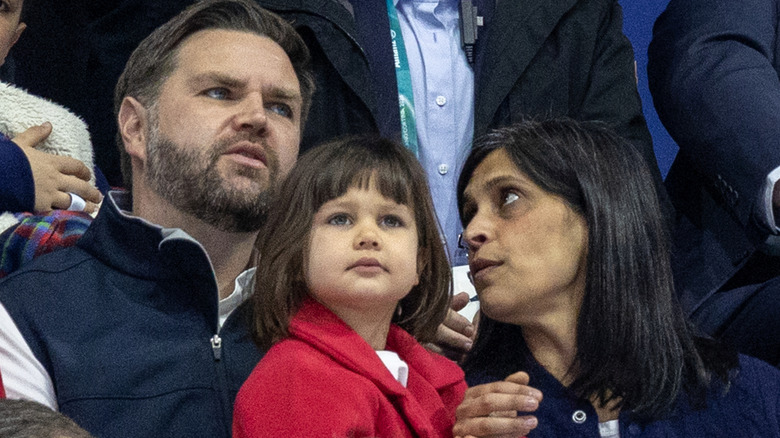 Mirabel Vance with her parents JD and Usha at the 2026 Olympics